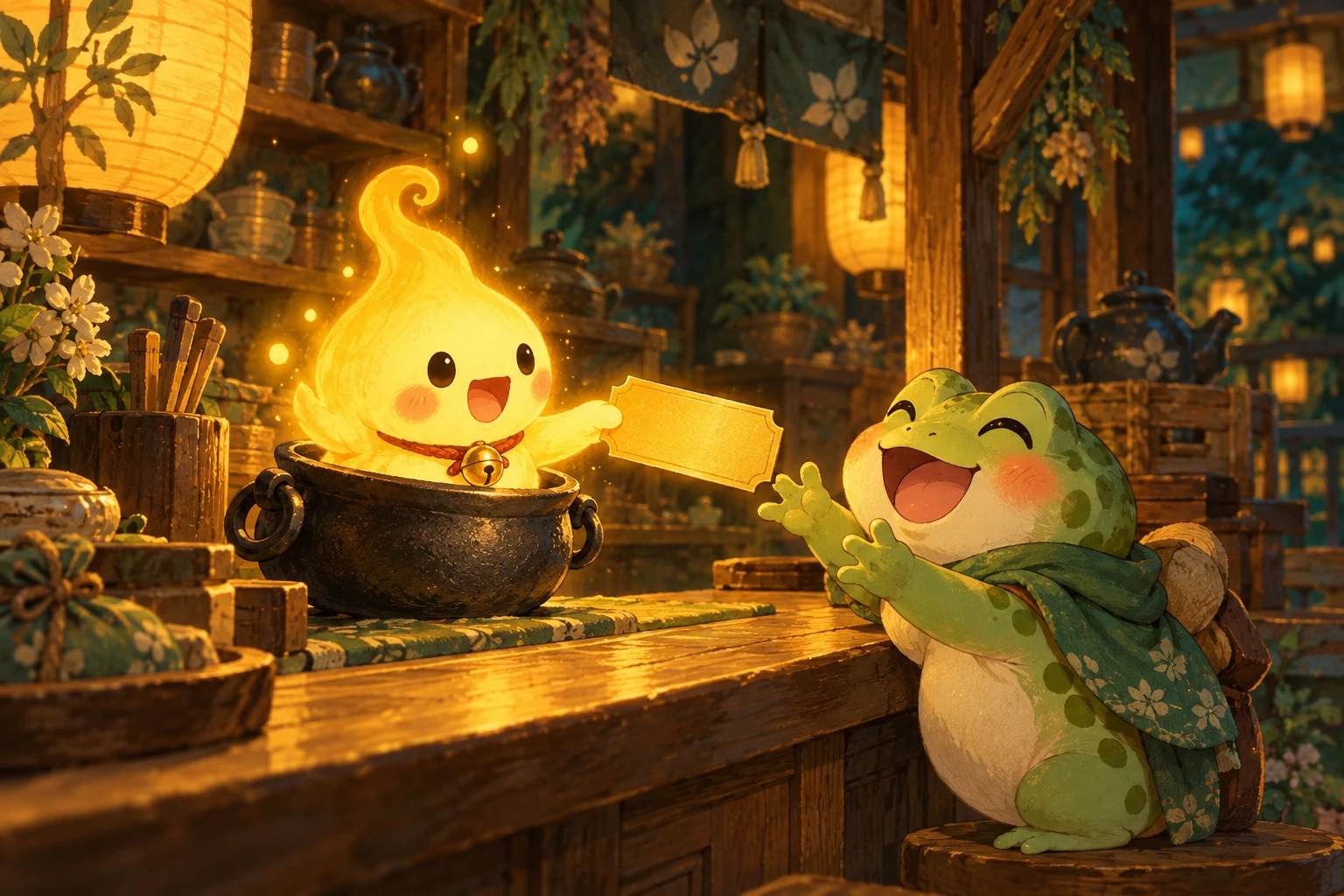 Potz handing a gold ticket to a frog at the tea house counter
